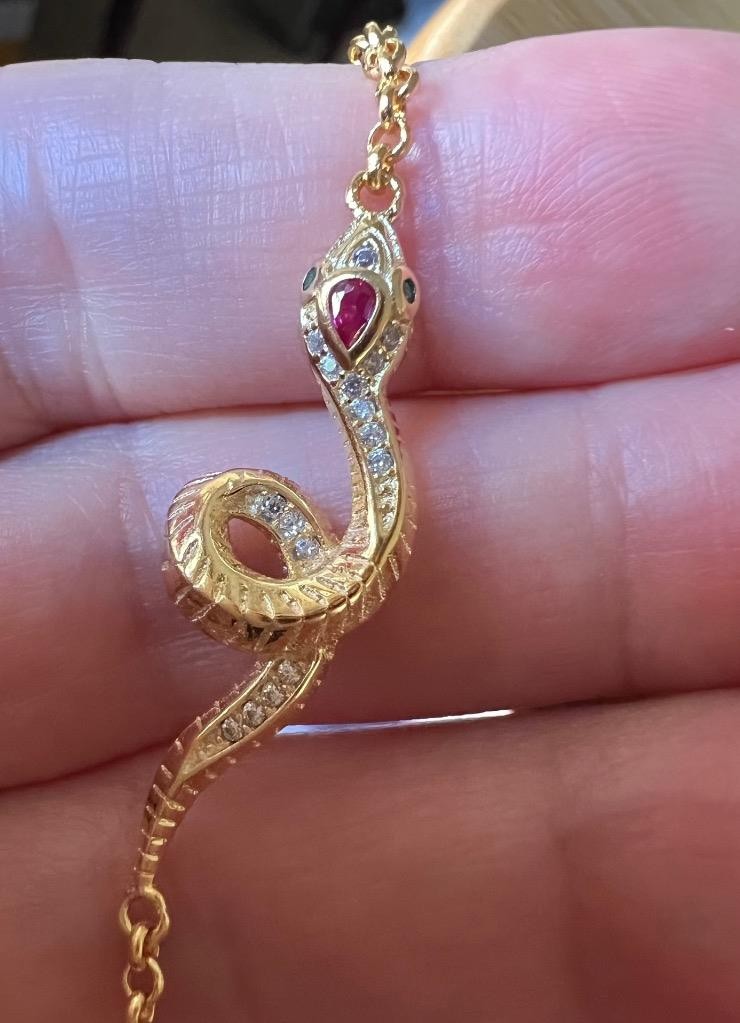 REAL 14K Y Gold on Solid 925 ruby diamond Snake Bracelet Victorian Egyptian Rev.