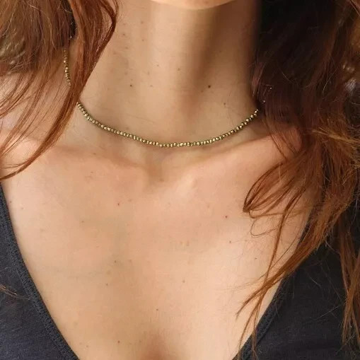 Natural Pyrite 2mm Beaded Choker Minimalist Dainty Gemstone Women Necklace Gift