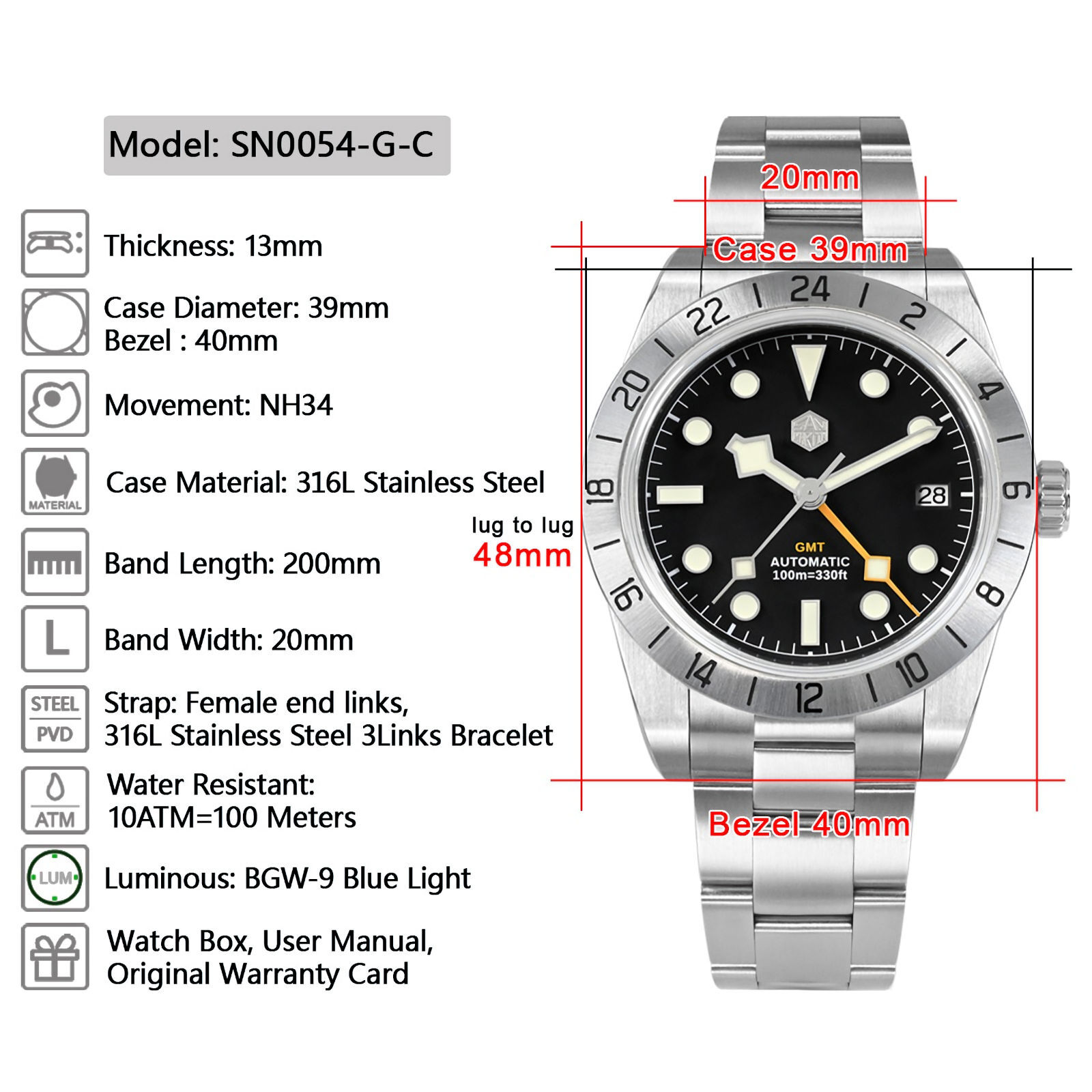SAN MARTIN SN0054-G-C BB GMT Automatic Stainless Steel 39mm 10ATM Sport’s Watch