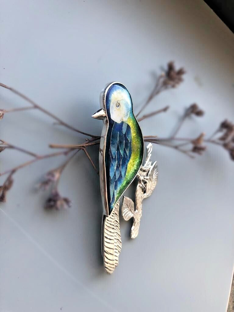 Sterling Silver handmade minankari – cloisonne enamel- brooch – bird