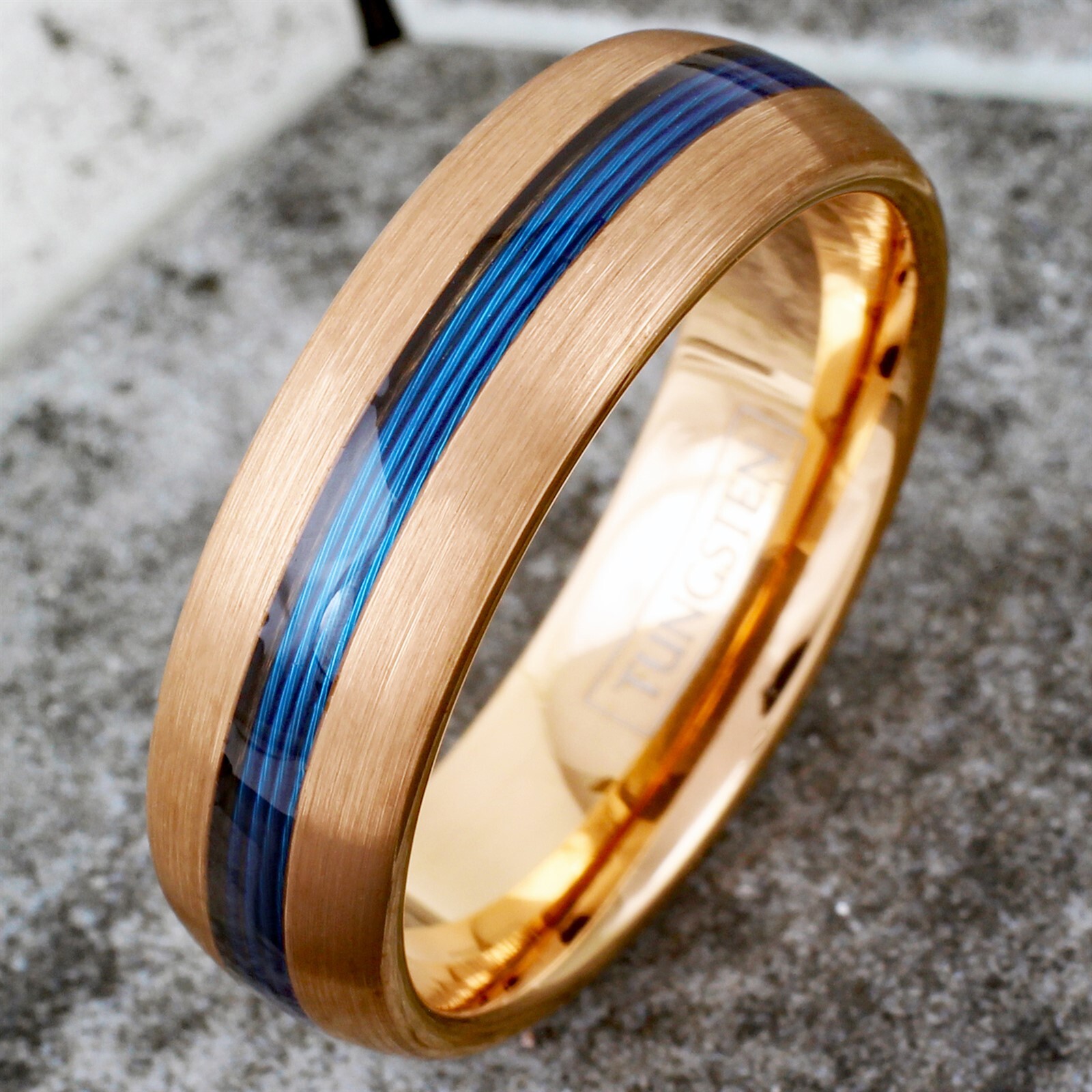 Tungsten Carbide Blue Fishing Line 7mm Brushed Band – Black or Rose Gold Plated