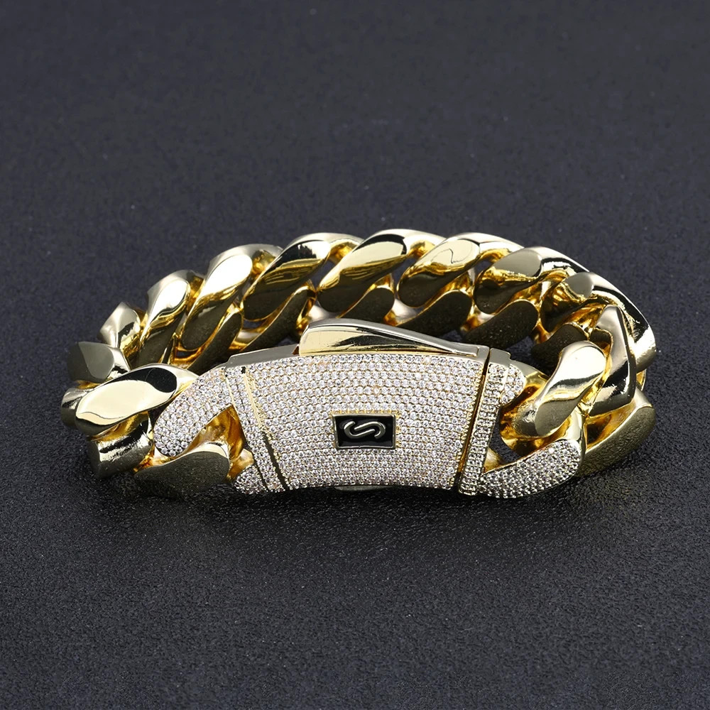 5AAA+ CZ 20mm Cuban Link Chain Necklace Bracelet Gold Plated Brass Iced Out