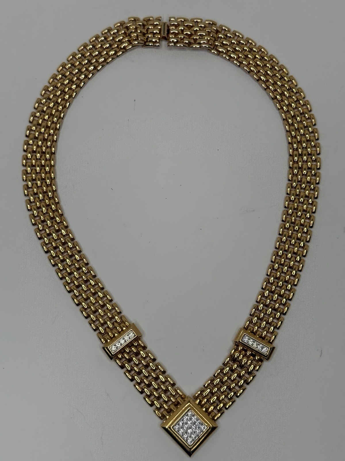 Vintage AVON Brick Chain V Shape Pave Rhinestone Push Lock GoldTone Necklace 16”