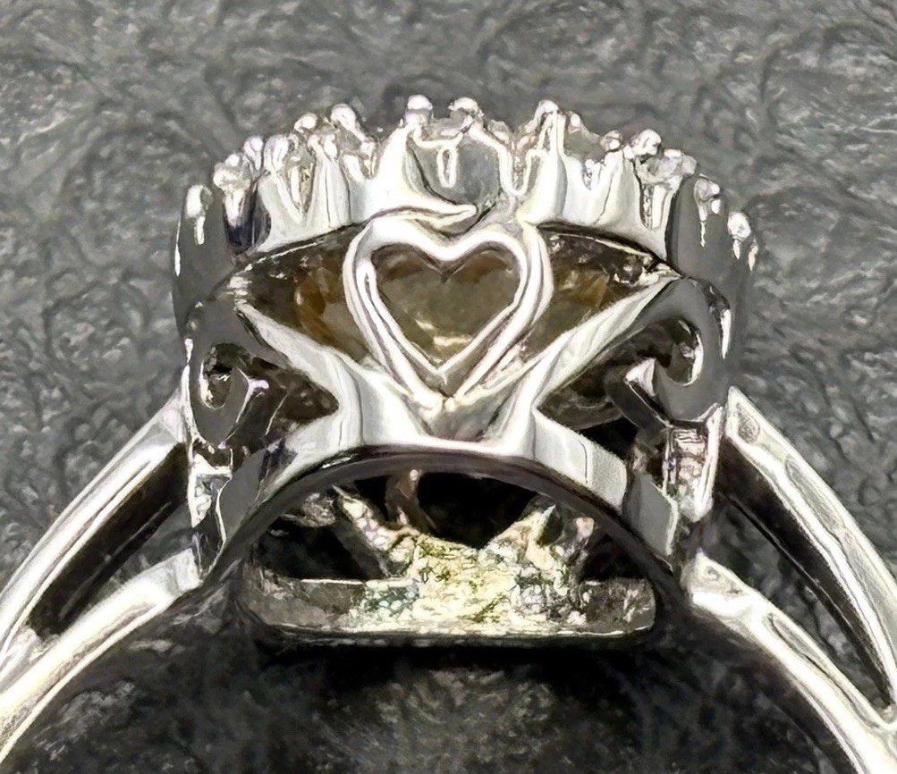 Silver Tone Faux Citrine CZ Halo Ring Heart Filigree Setting Size 7