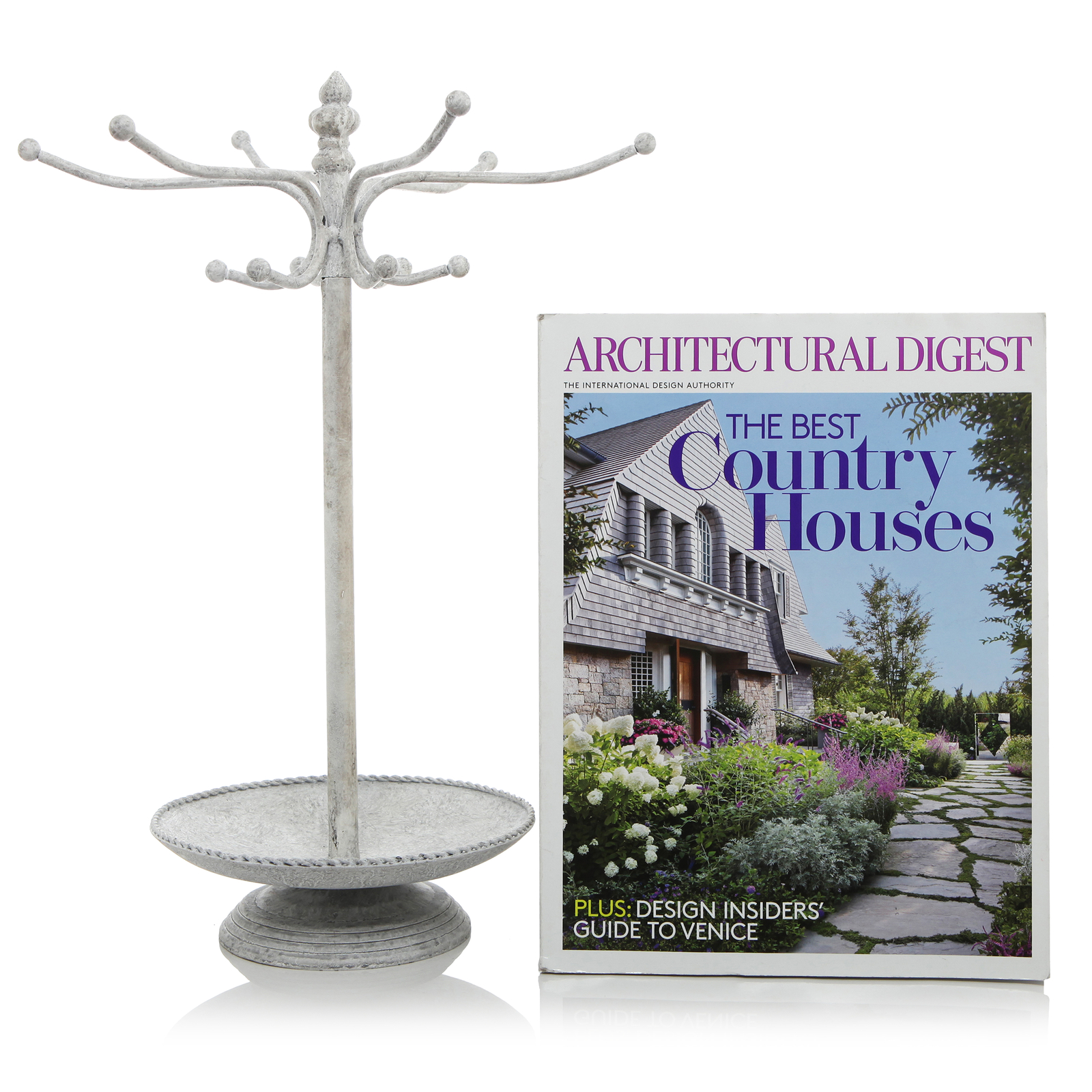 White Metal Jewelry Tree Organizer, Necklace Rack Stand w/ Ring Tray & 12 Hooks