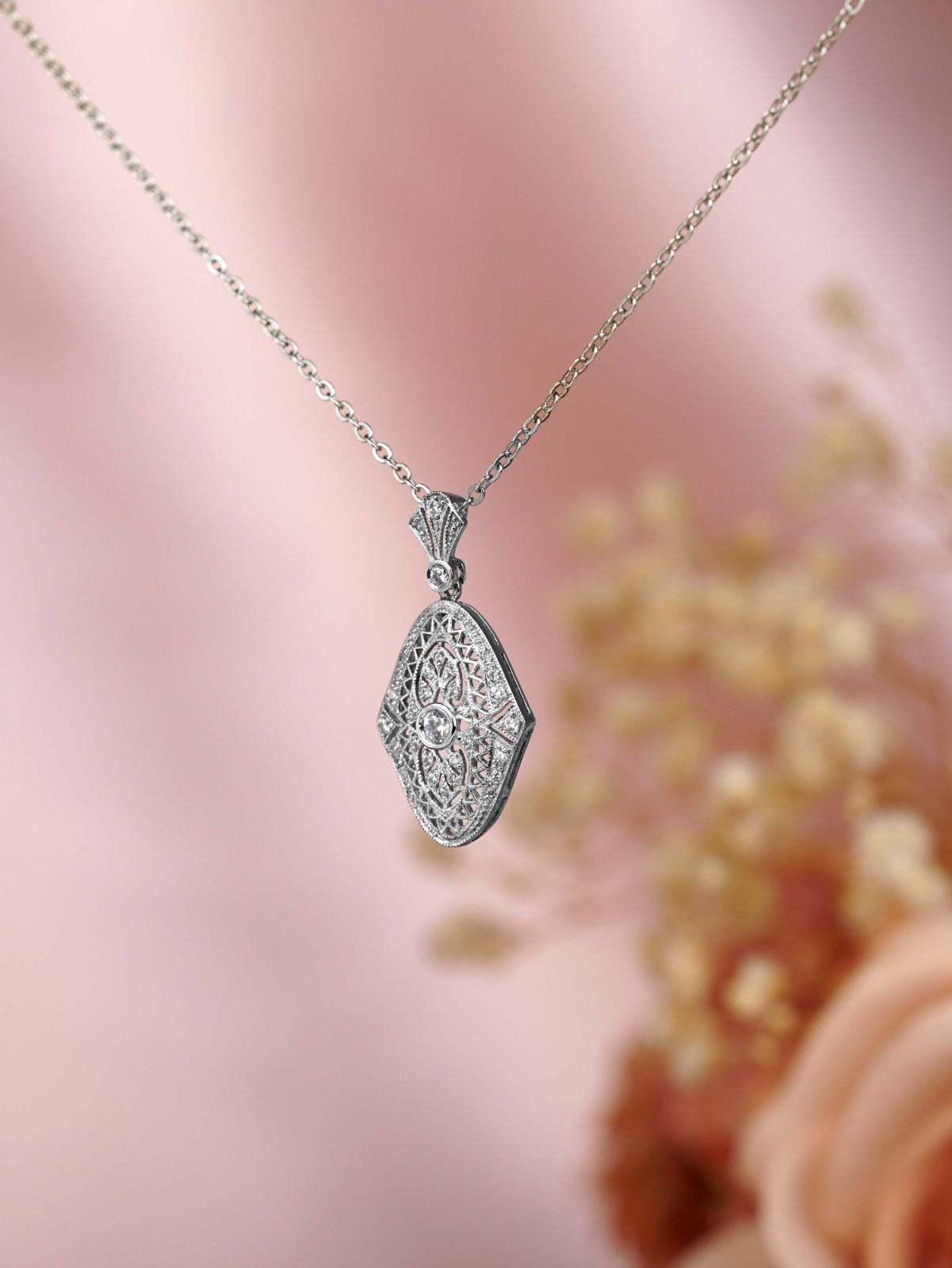 White Gold Diamond Filigree Pendant Antique Inspired Edwardian Style Necklace