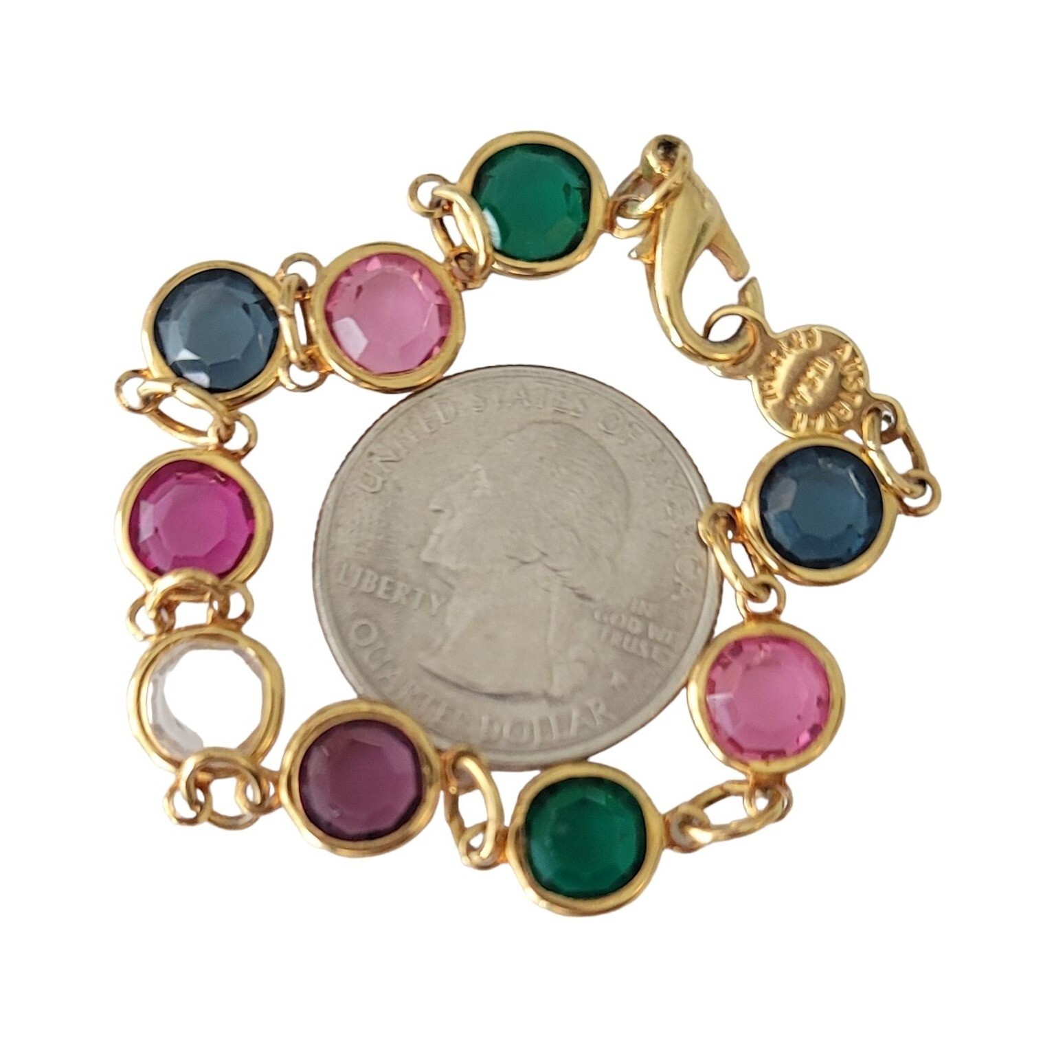 Austria Pink Blue Green Gold Tone Caged Crystal Chain Bracelet, 7.25″ Long E757