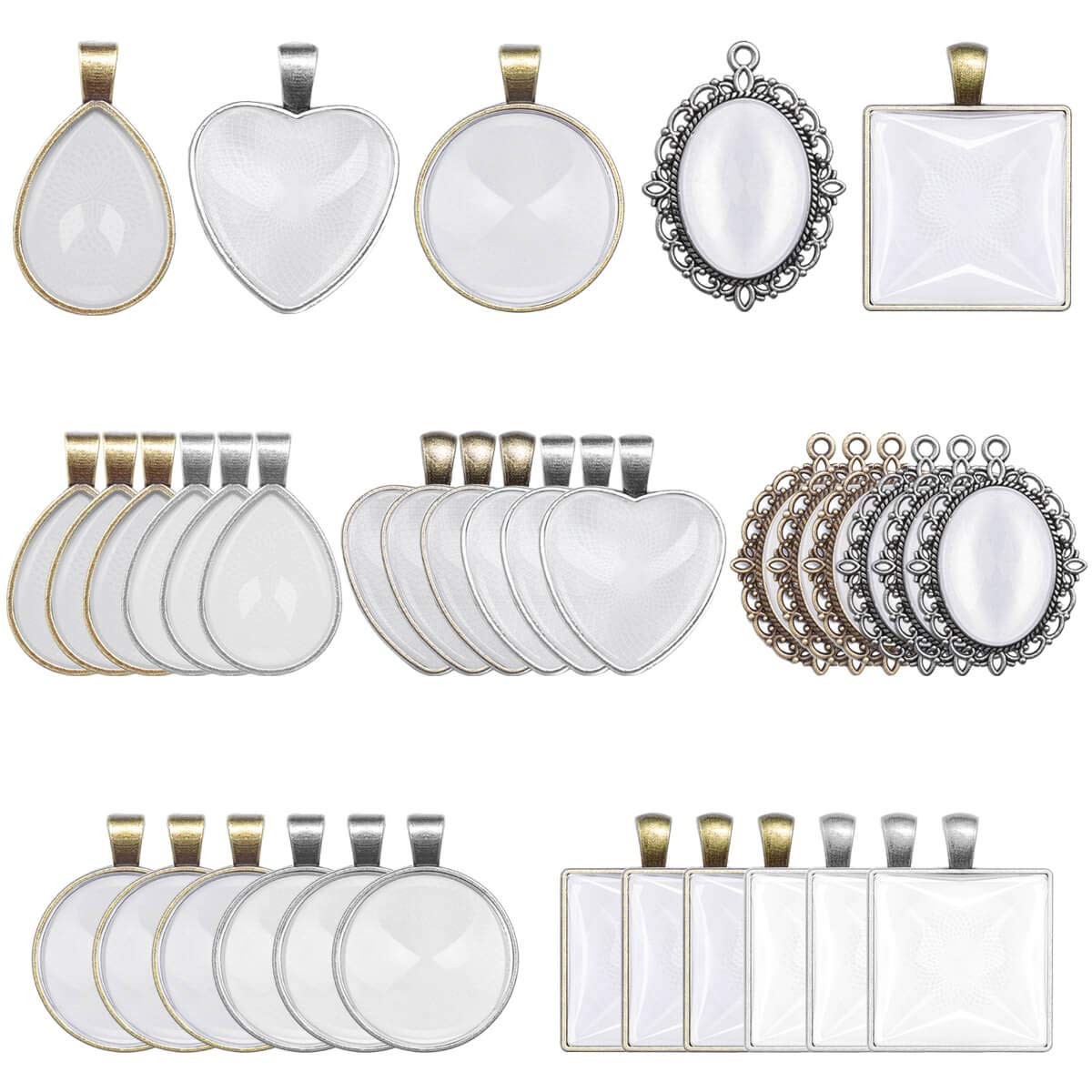Anezus 60Pcs Pendant Trays, Bezel Trays Blanks Bronze,Clear,Silver