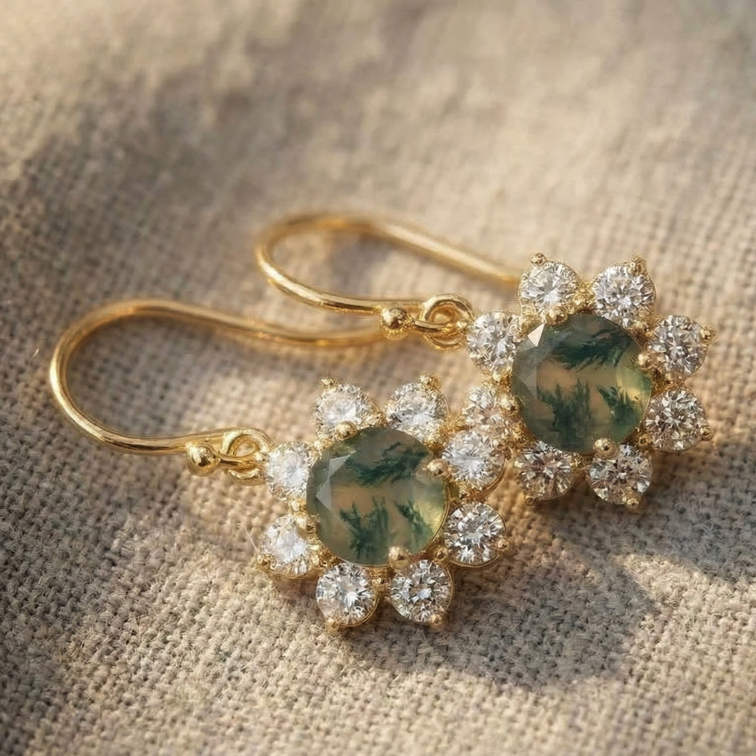 Moss Agate & CZ Statement Drop Silver Earrings,Gold Plated Floral Dangle Earring
