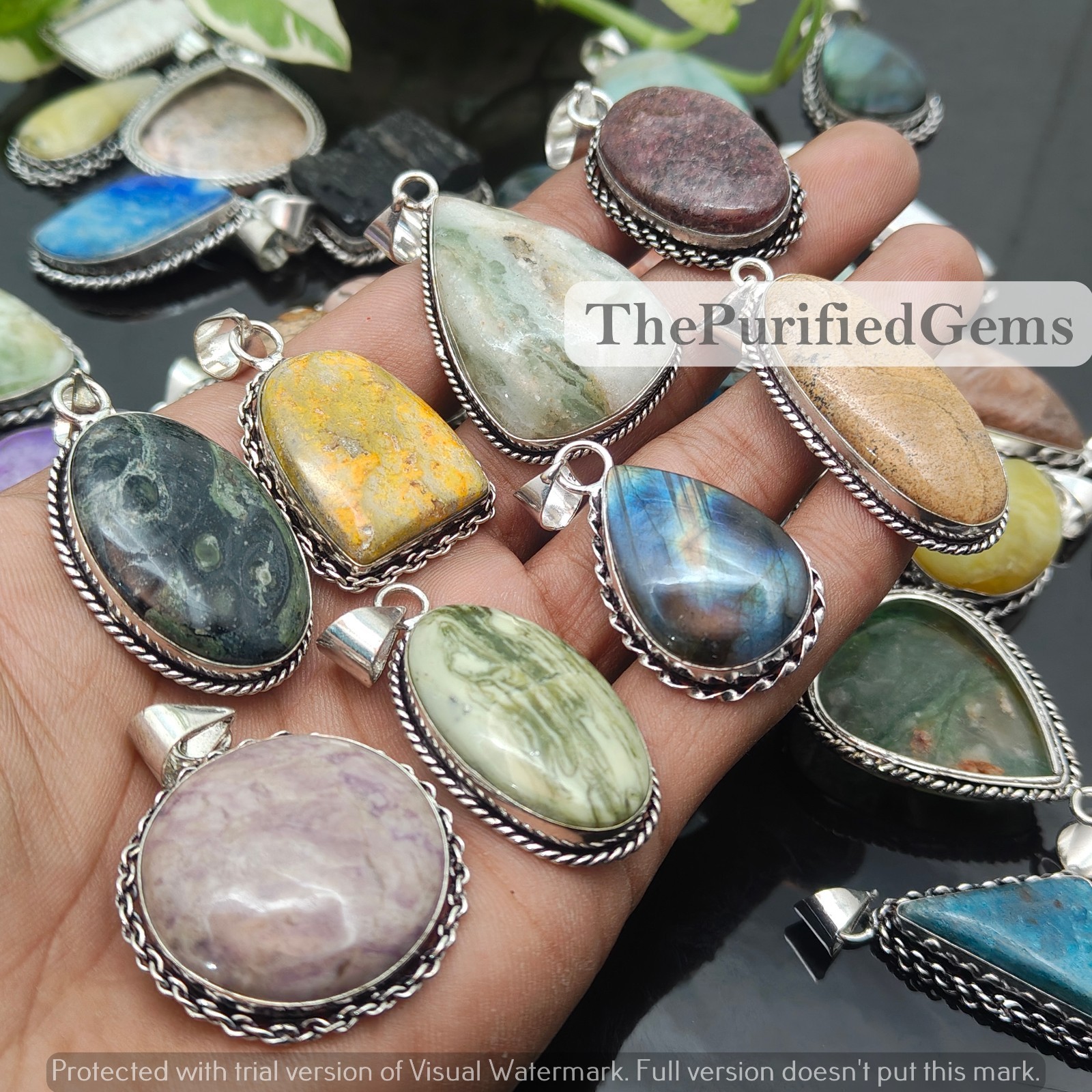 50 Pcs Labradorite & Mix Gemstone Pendant 925 Silver Plated, Handmade Pendant~
