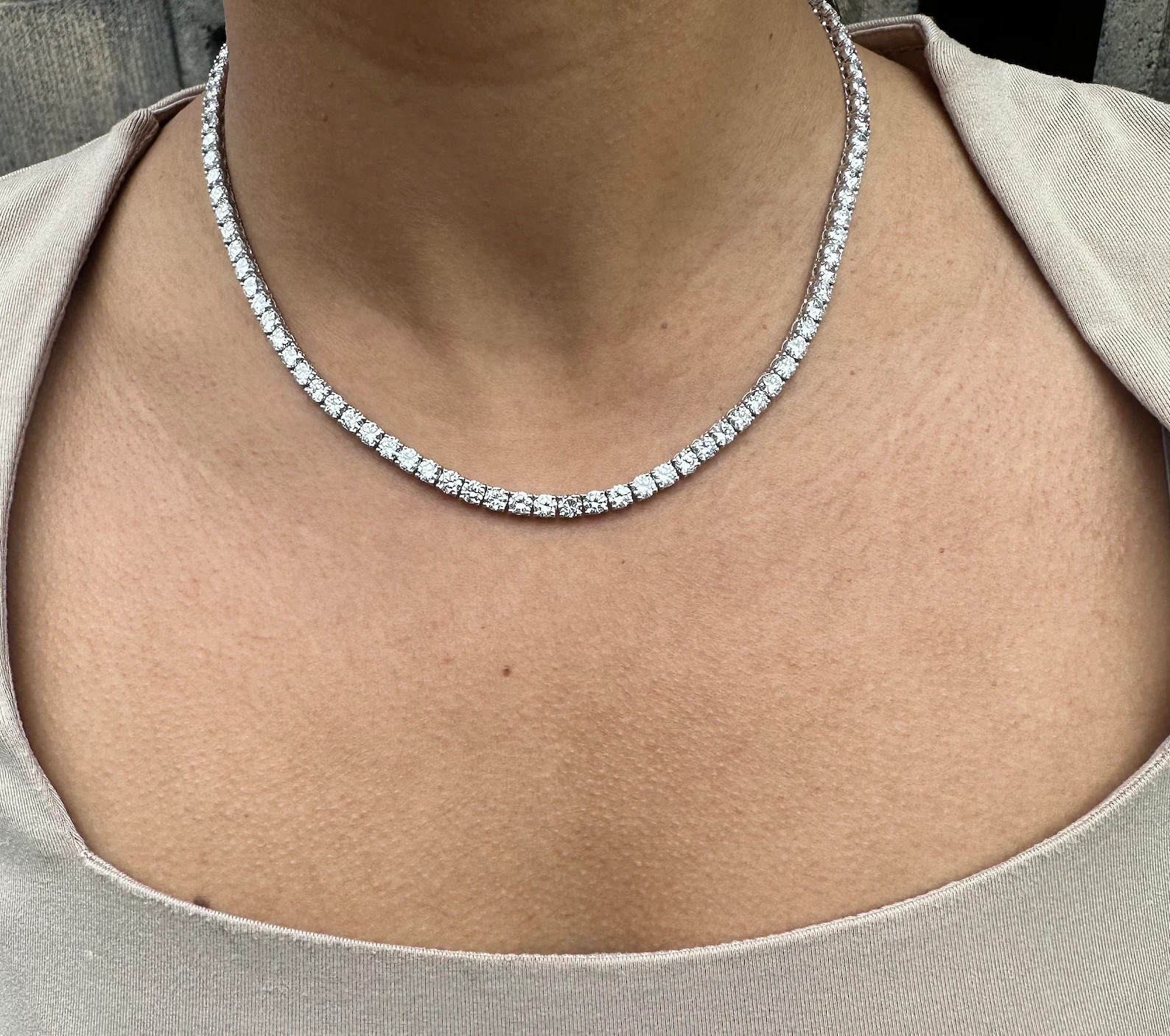 15 Carat Round Natural Diamond Tennis Necklace 14K White Gold 16 inch