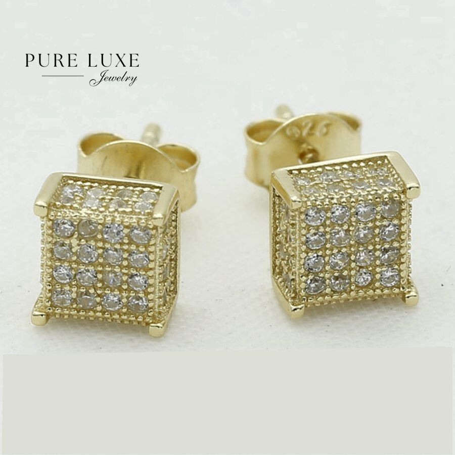 Men’s Sterling Silver 925.CZ lcey Bling 6mm Gold plated Square*Earring-Box