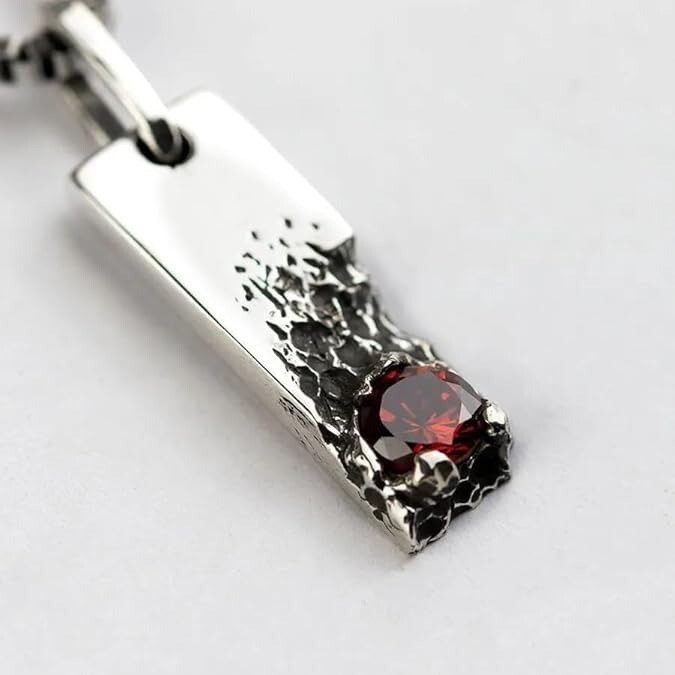 Natural Red Garnet Men Pendant 925 Silver Hammered Pendant Birthday Gift For Him