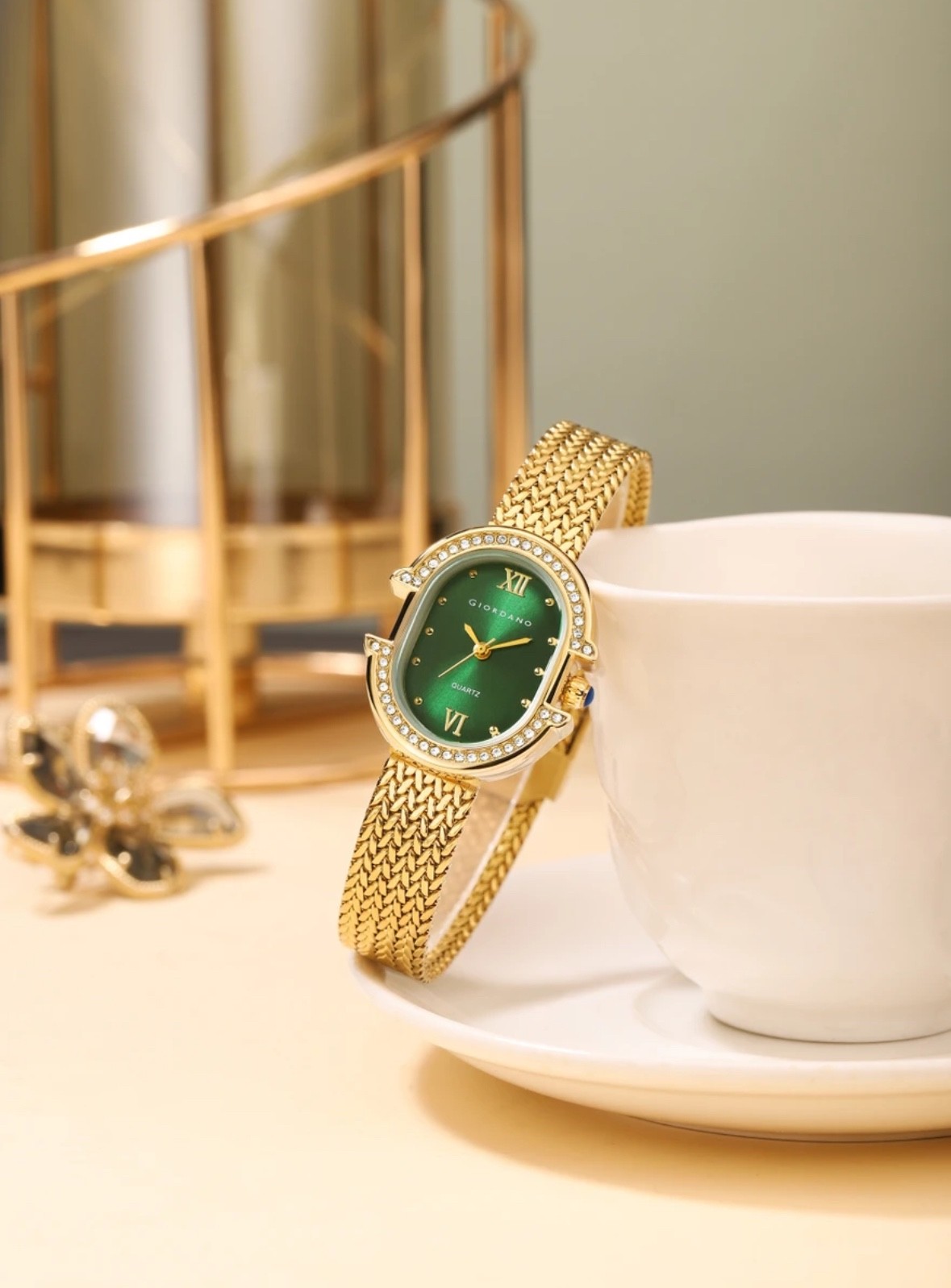 Giordano Women’s Green Dial Quartz Watch Gold Tone Crystal Bezel Stainless Steel
