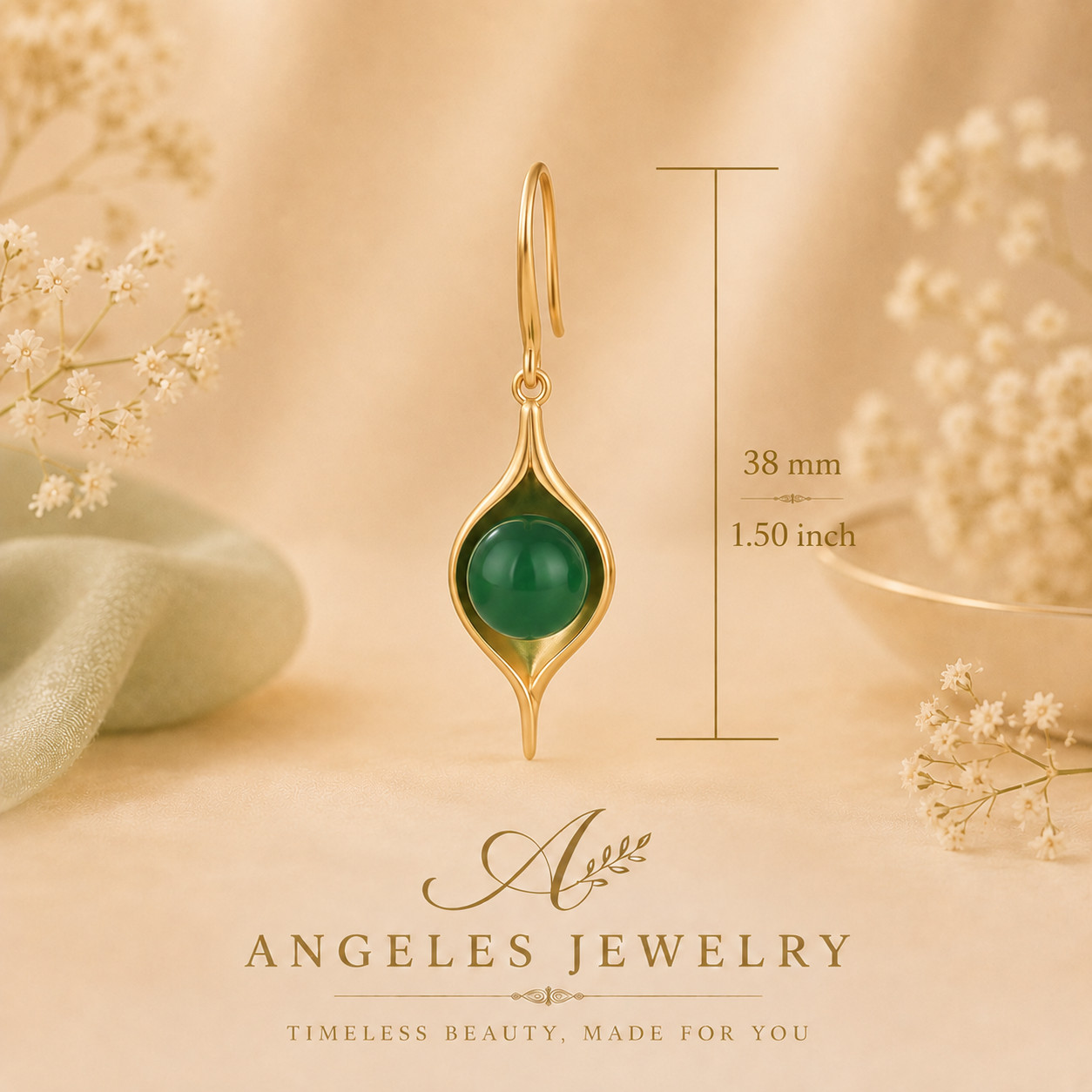 Green Jade Drop Dangle Earrings Minimalist Leaf Gemstone Hook 18K Gold Plated