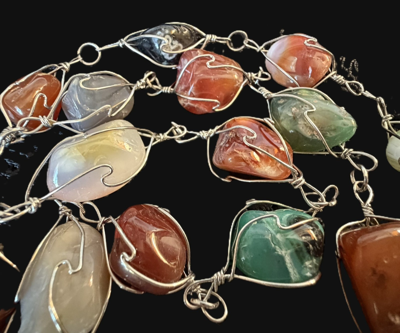 Artisan Wire Wrapped Natural Gemstone Necklace 34″ Endless Large Stone Statement