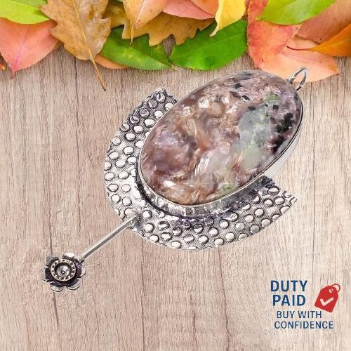 Oval Third Eye Chakra Natural Charoite 925 Silver Daughter Channel Set Pendant