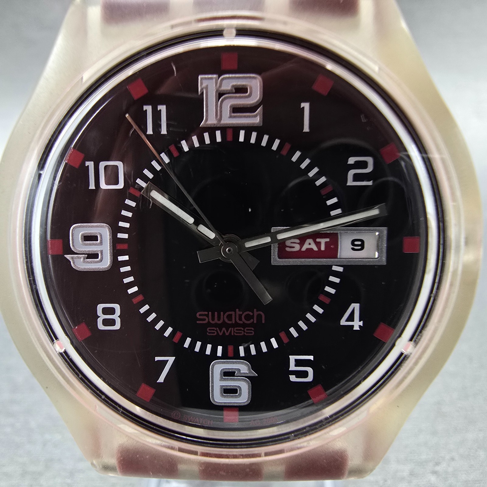 Swatch Ruby Touch Watch Men 38mm Black Dial Clear Case Daydate Round New Battery