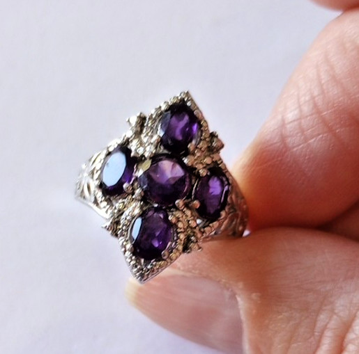 Vintage STS Karis Gothic Cross Amethyst Ring,Silver Tone Cocktail Ring Size 6.5