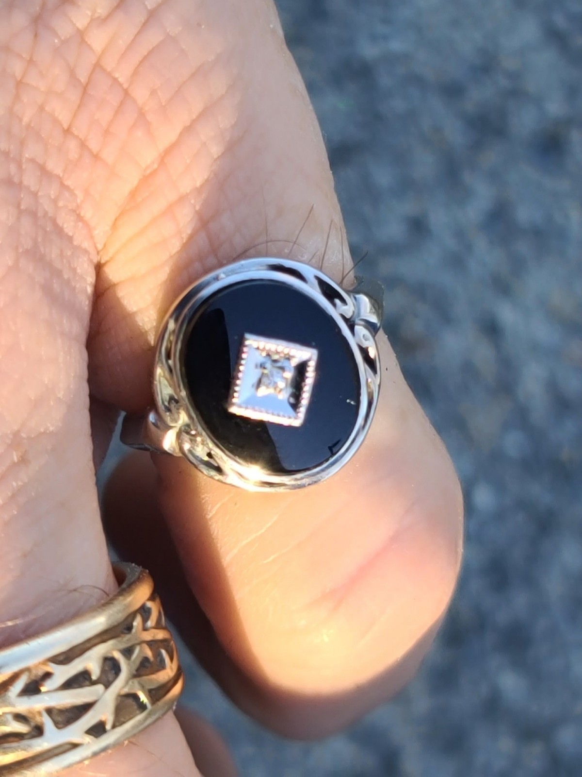 VTG 10k Solid White Gold Diamond Black Onyx Art Deco Ring 4.75sz Signed 3.29gr