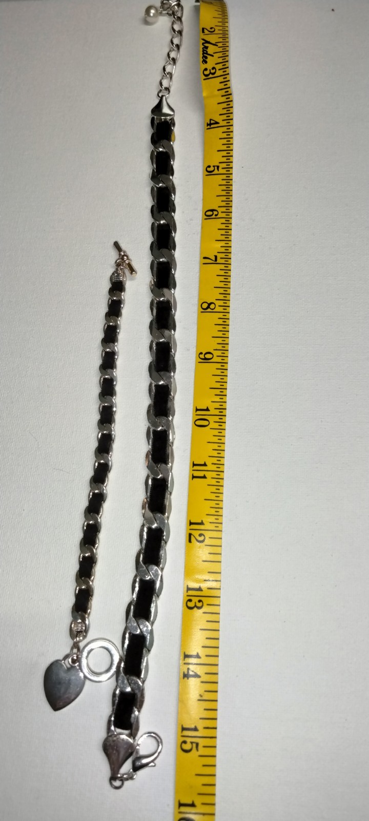 Silver Tone Black And Fabric Chain Heart Gothic Halloween Bracelet