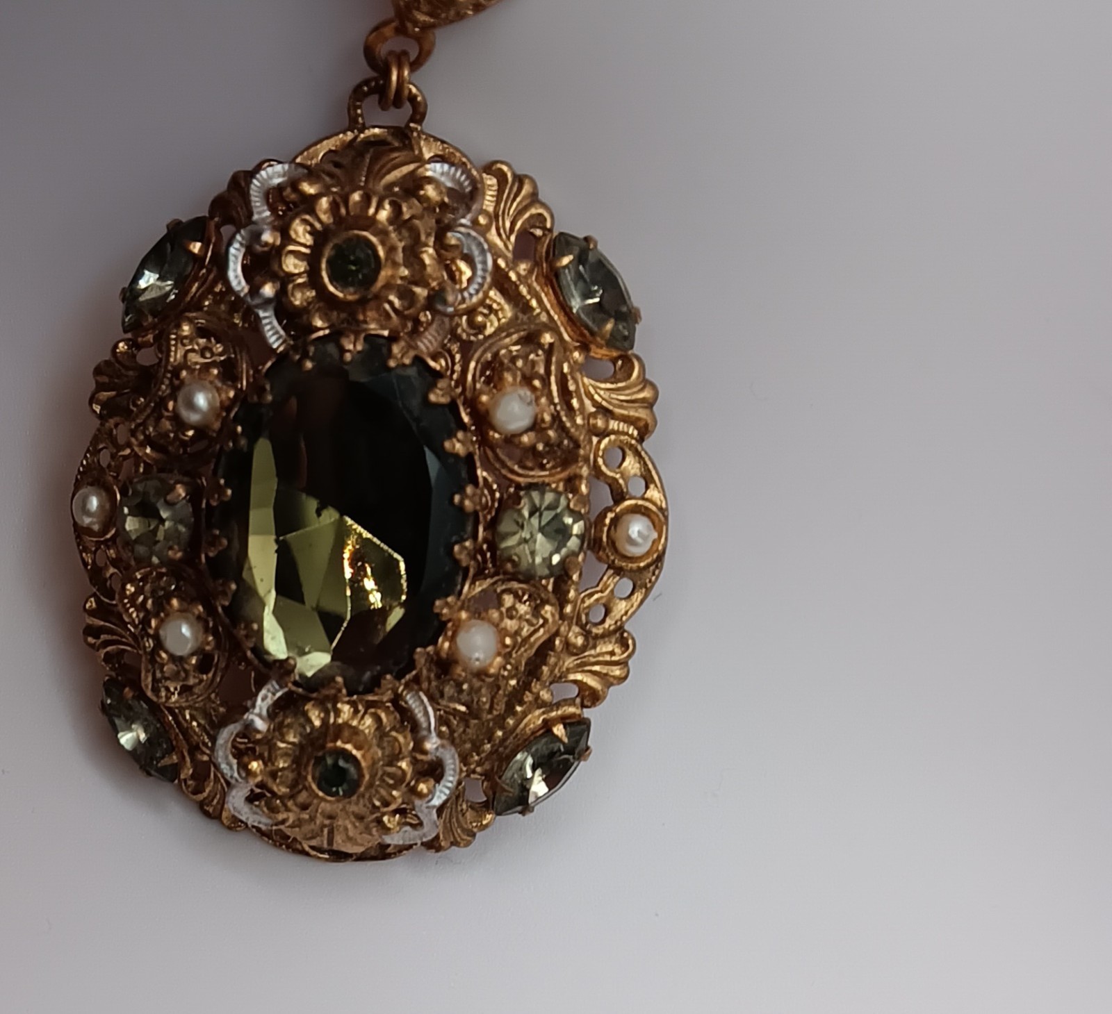Vtg Western Germany Necklace Smoky Art Glass Faux Pearl Rhinestone Ornate 24″
