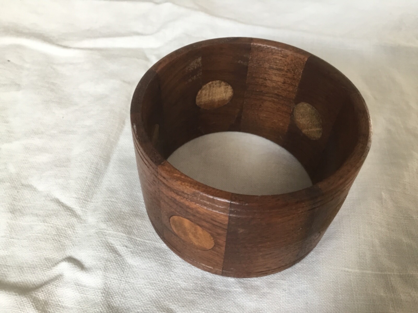 Vtg HANDMADE WOODEN BRACELET Inlaid 1 7/8 “ WALNUT Boho Hippie Chunky