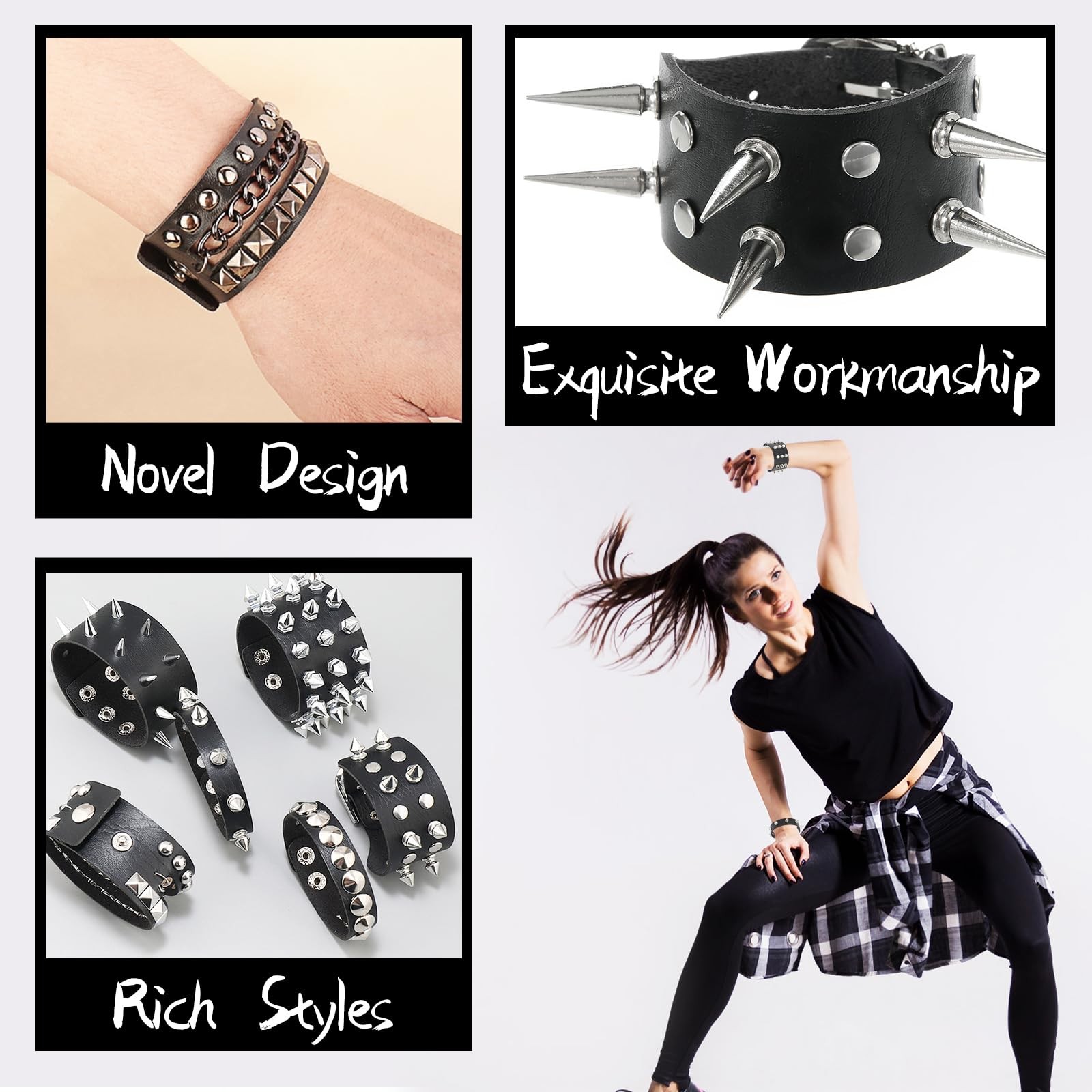 6 Pieces Punk Studded Bracelet Goth Bracelet Leather Rivets Spike Bracelets C…
