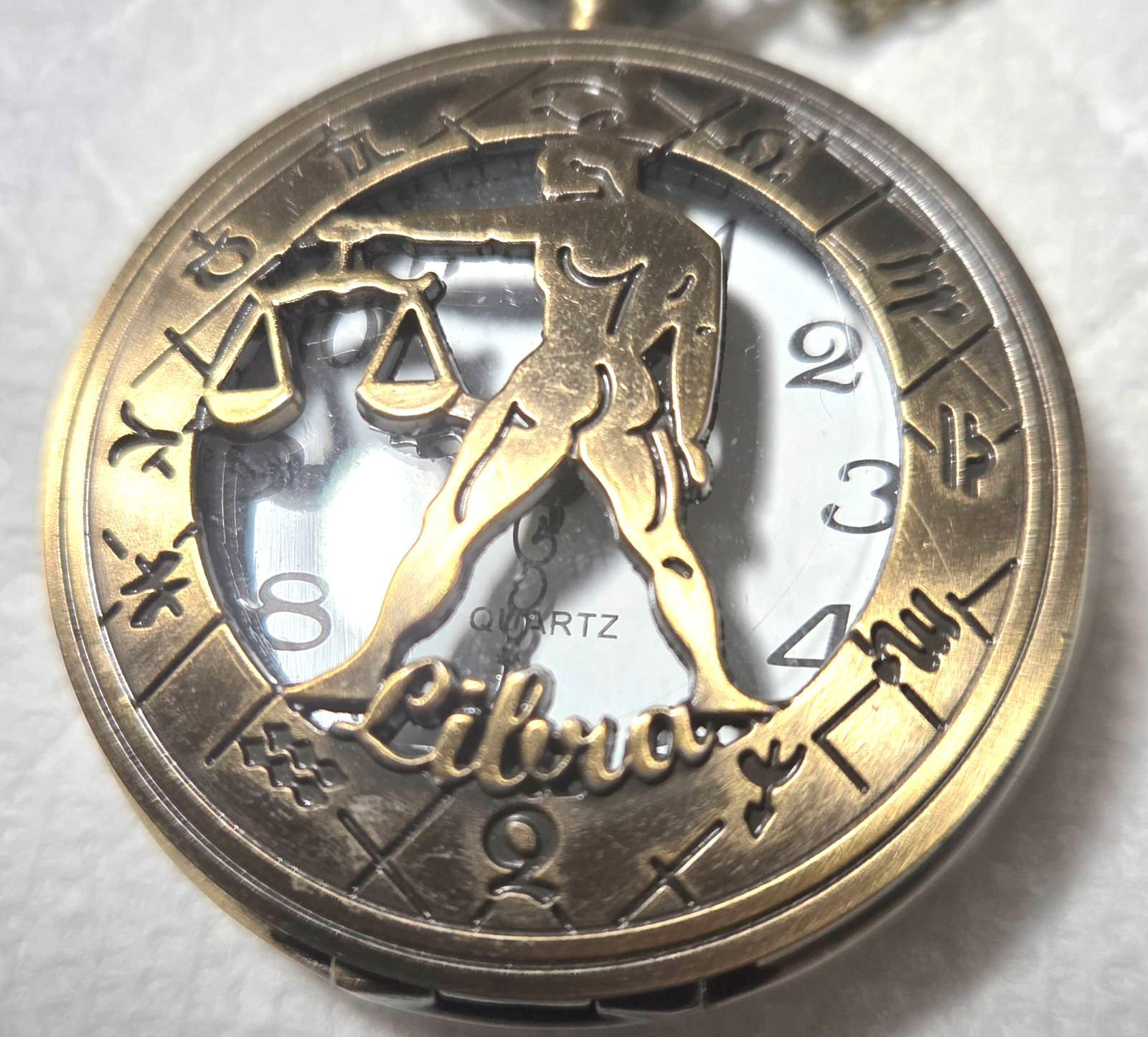 LIBRA ZODIAC SIGN HOLLOW POCKET WATCH 80cm CHAIN BRONZE 4.5cm/1.77inches