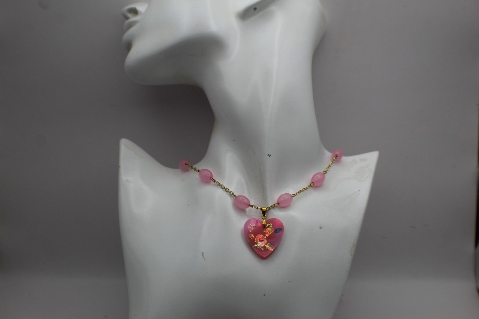 50 Shades Of Pink Heart Shaped Resin Pendant On A Beaded Chain