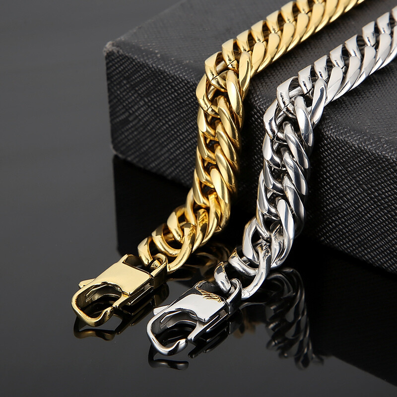 11mm 8.26 Inch Silver Gold Stainless Steel Double Link Chain Bracelet Mens Gifts
