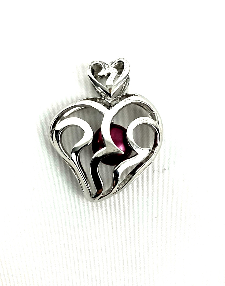 925 Sterling Silver Burgundy Faux Pearl Ornate Heart Pendant