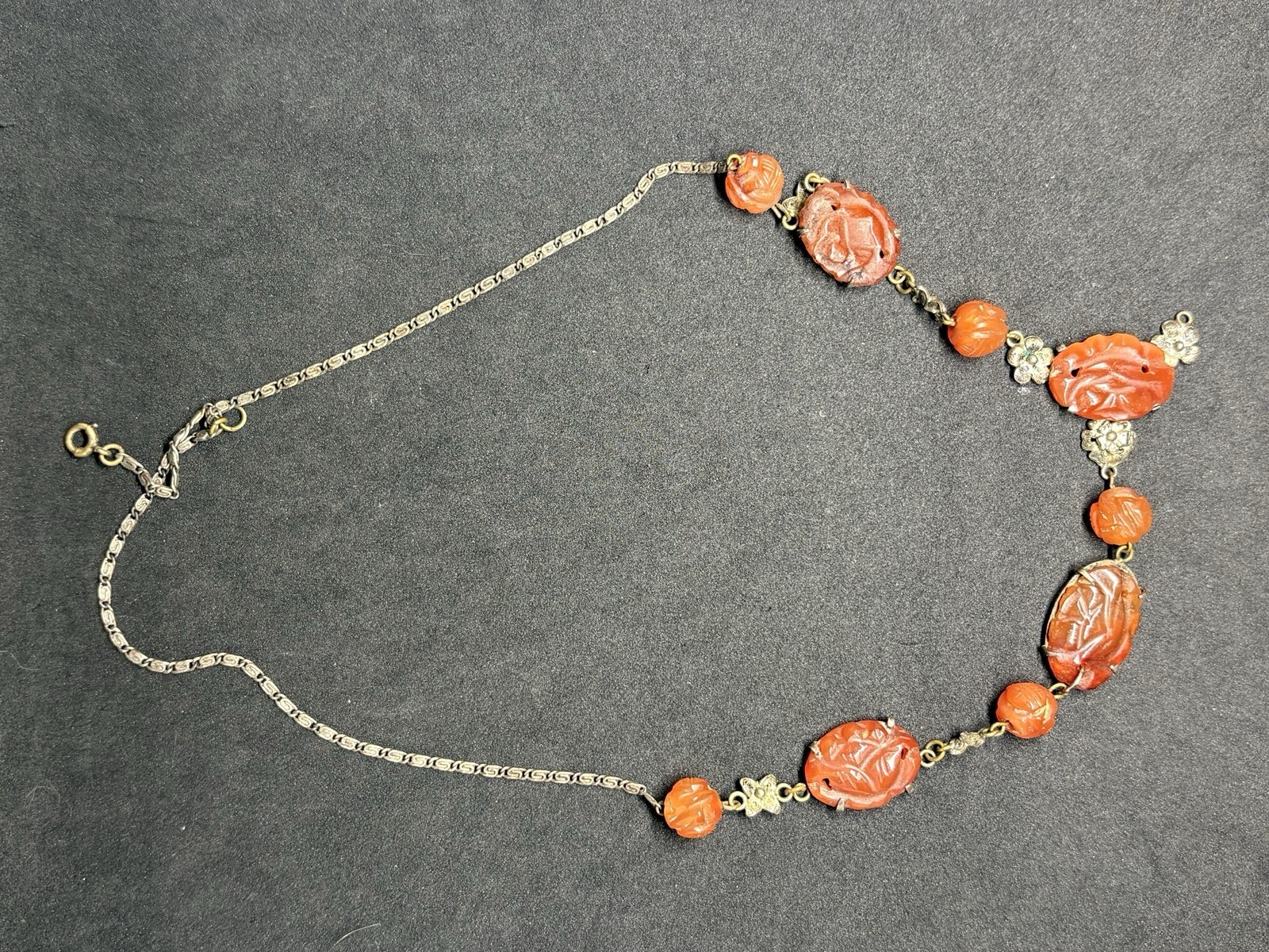 Vintage Chinese Export Silver Tone Filigree Carved Carnelian Lavalier Necklace