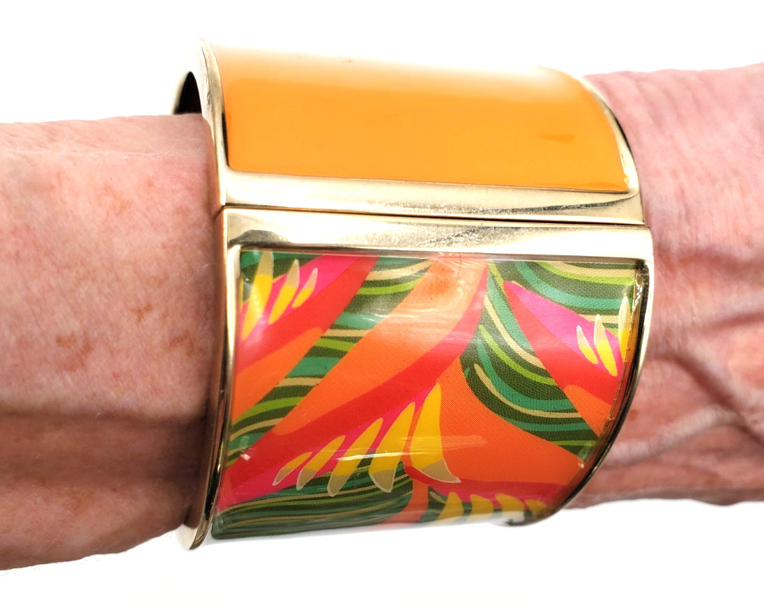 Tropical Bird of Paradise Wide Clamper Bracelet Orange Green Resort Style