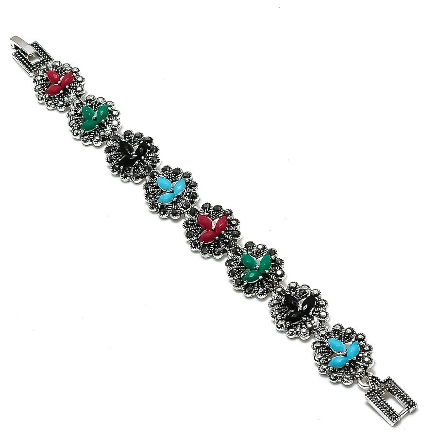 Faceted Multi Cut Stone Handmade 925 Sterling Silver Marcasite Bracelet 7″ l590