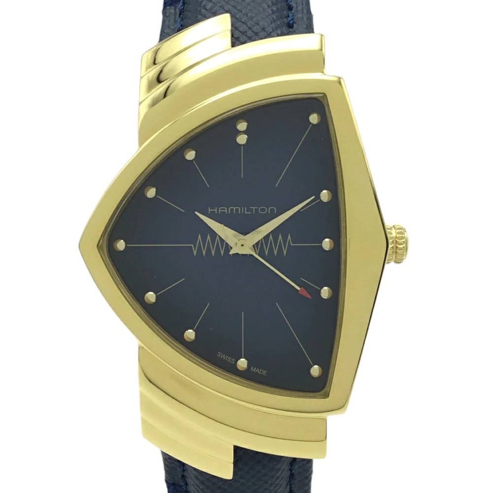 HAMILTON Ventura Quartz Men’s Watch Blue Dial Gold Alcantara Strap