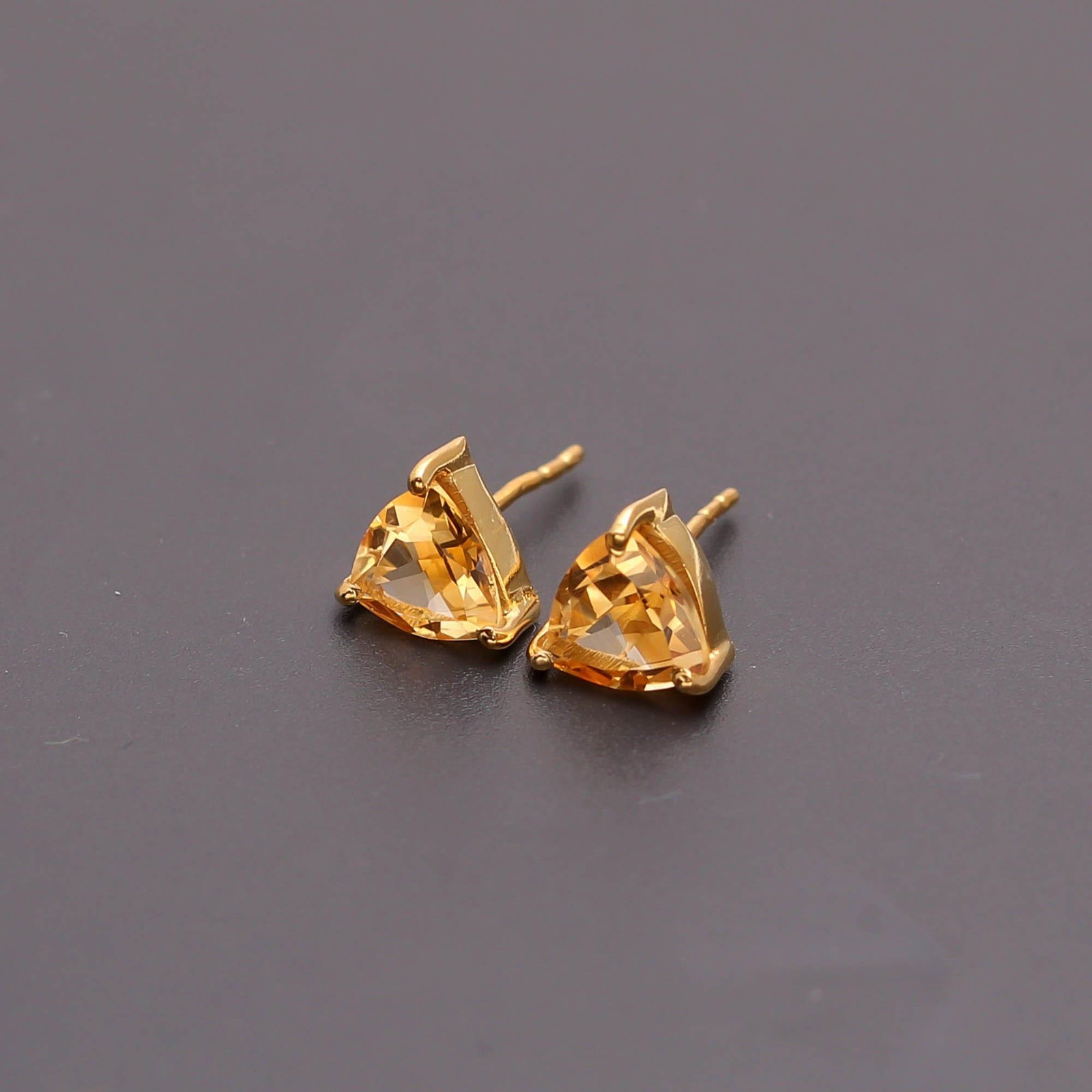 Natural Citrine Quartz Trillion Stud Earrings Gold Plated Solid Silver Jewelry