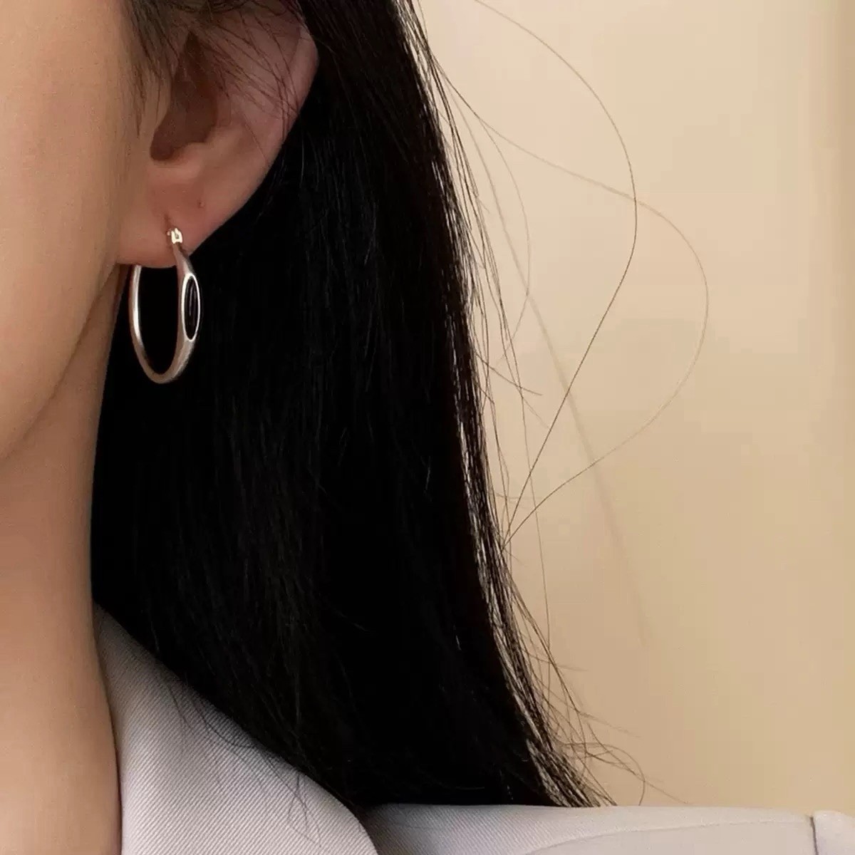 925 Silver Vintage Black Onyx Oval Hoop Earrings Minimalist Hoops for women 478