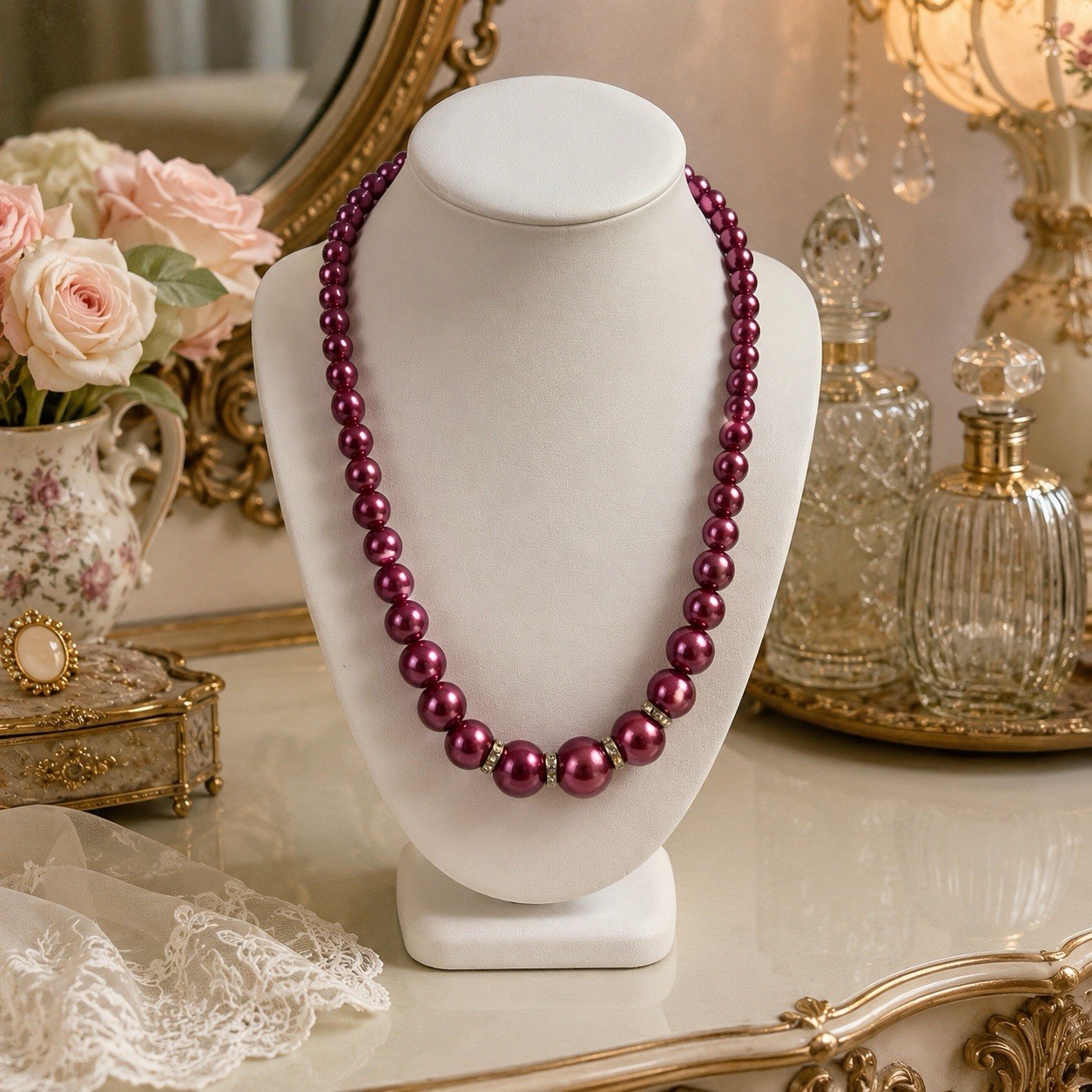 Vtg Dark Pink Graduated Bead 18” Necklace with Rhinestone Rondelles – c1960s