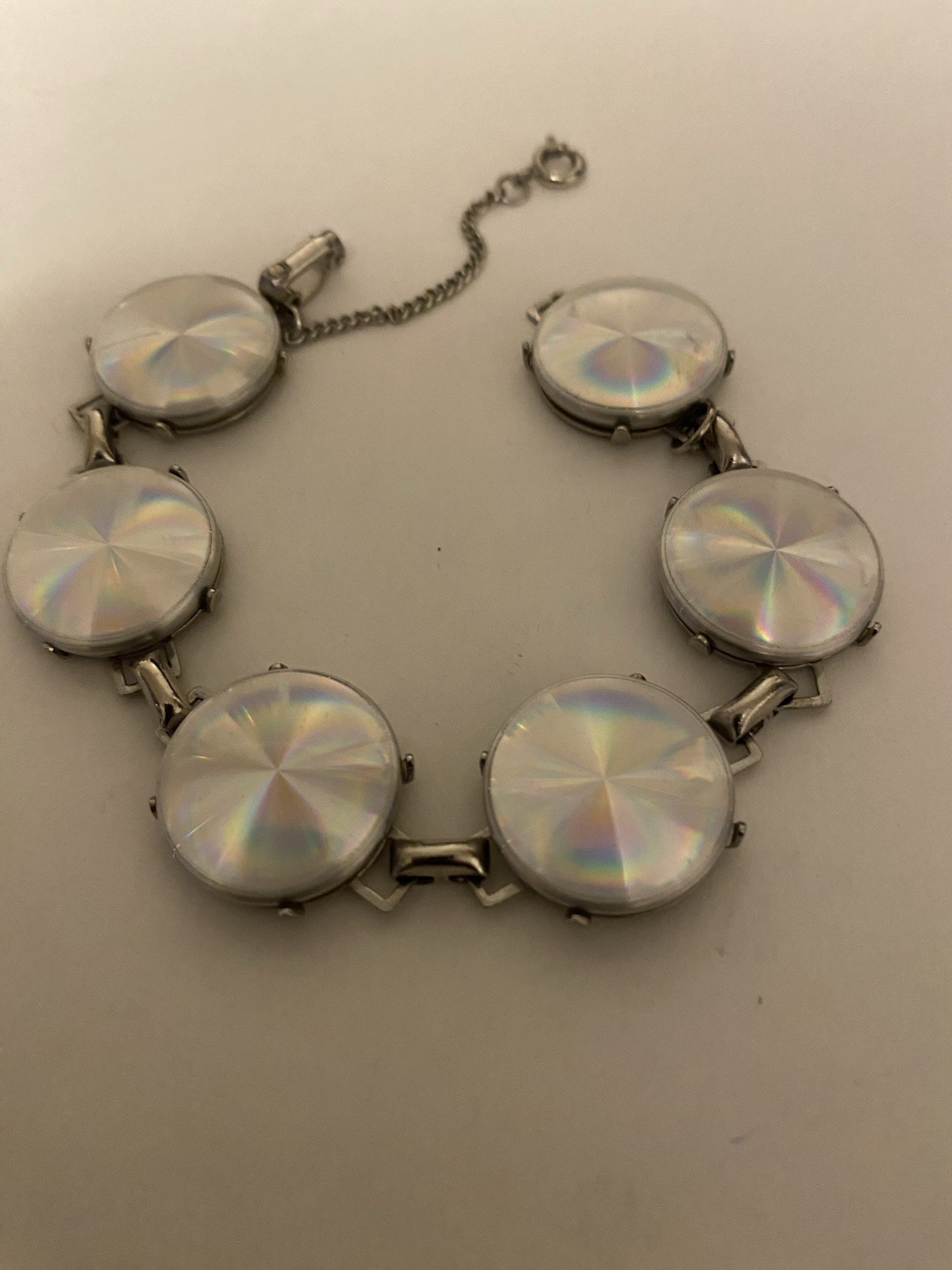 Rare 1960s Vintage Iridescent Disc Link Bracelet Approx. 6-1/2 Inches Long