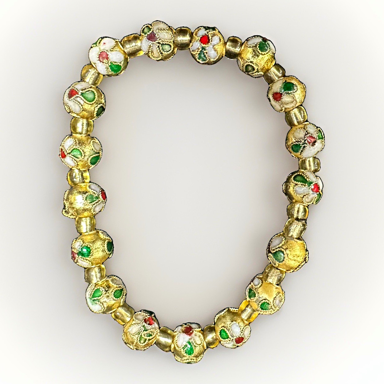 Gold Tone Enamel Beaded Stretch Bracelet Round Beads Red Green White No Clasp