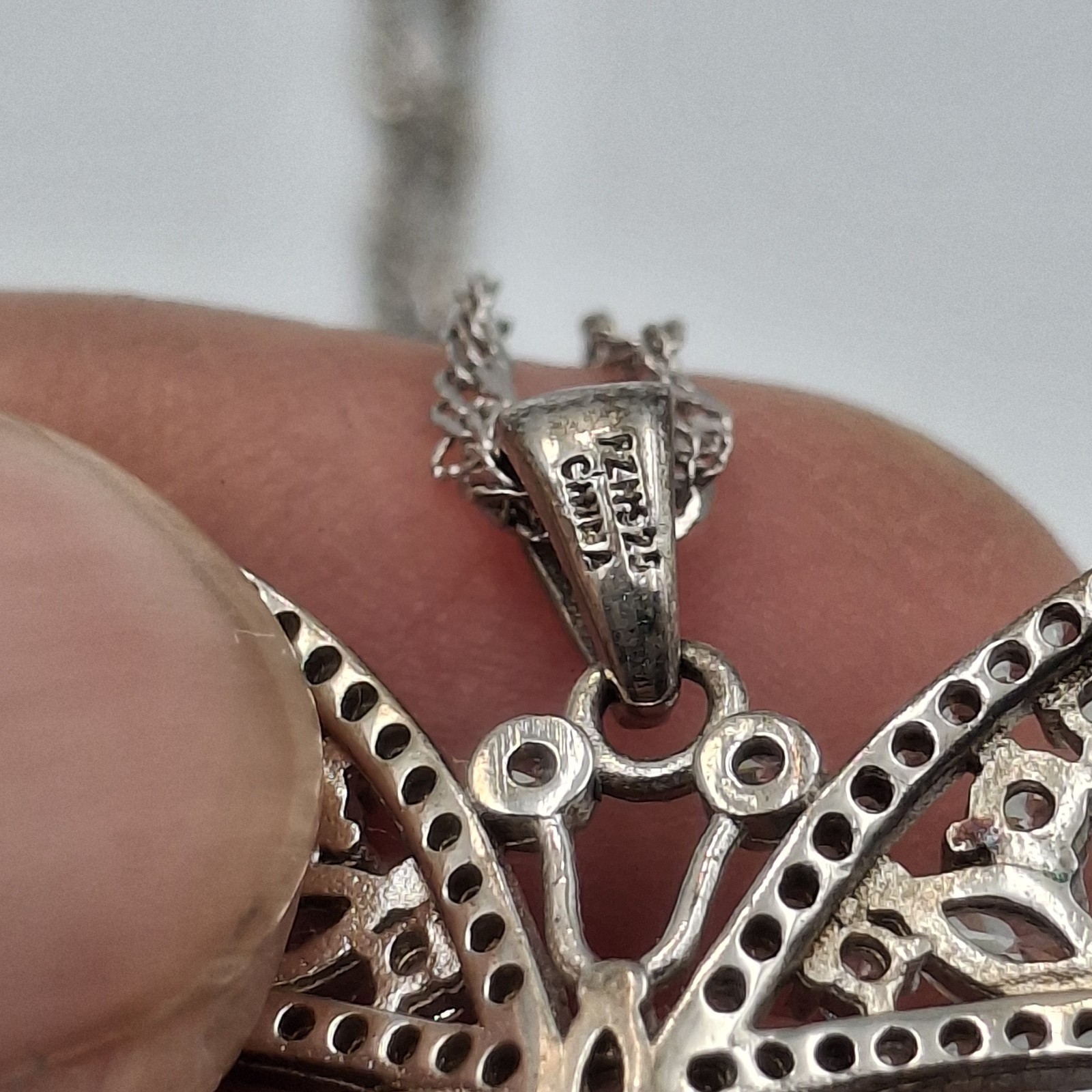 ​Paz Creations Sterling Silver 925 Butterfly Filigree Necklace CZ Set Signed PZ