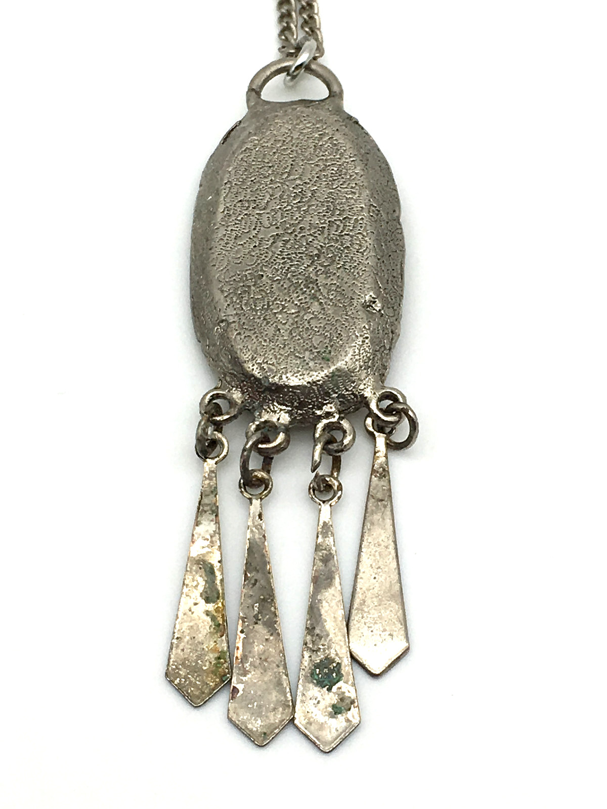 Handmade Nickle Silver Oval Pendant Turquoise Chips Dangling 18″ Chain Necklace