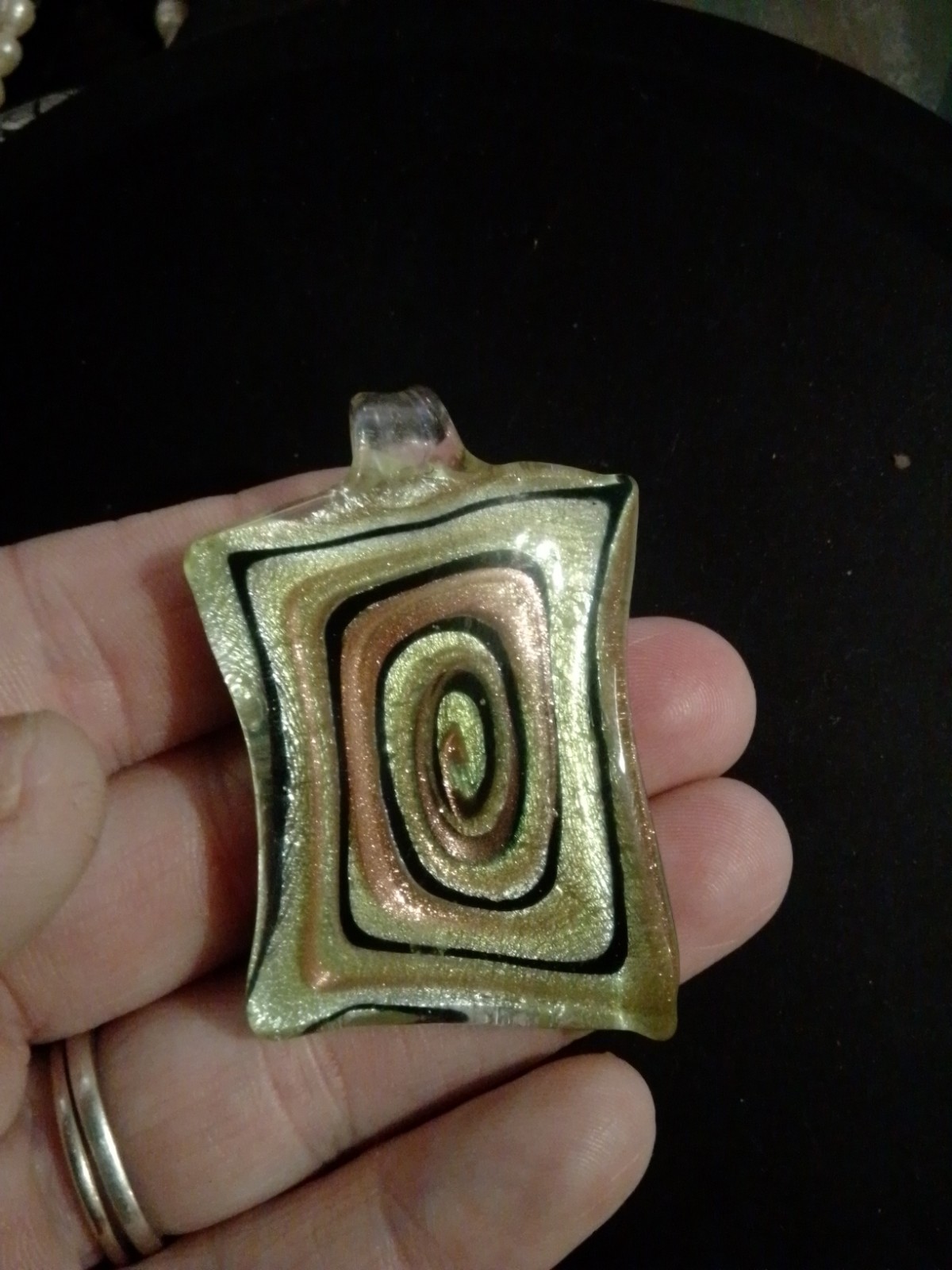 Vtg Vetro Artistico Murano Marked Rectangle Italian Glass Pendant Green Gold Blk