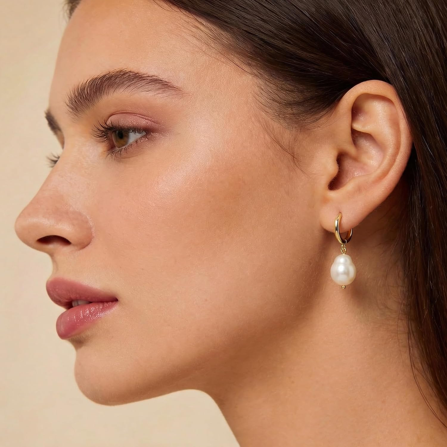 3 Pairs Huggie Hoop Pearl Earrings for Women, 14K Gold Plated Drop Dangle Earrin