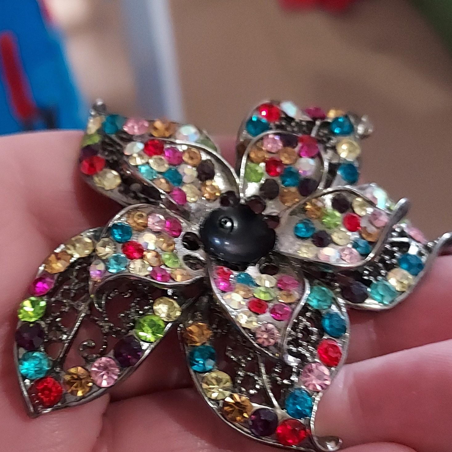 Multicolor Rhinestone Flower Brooch Pin Silver Tone Metal Floral Theme