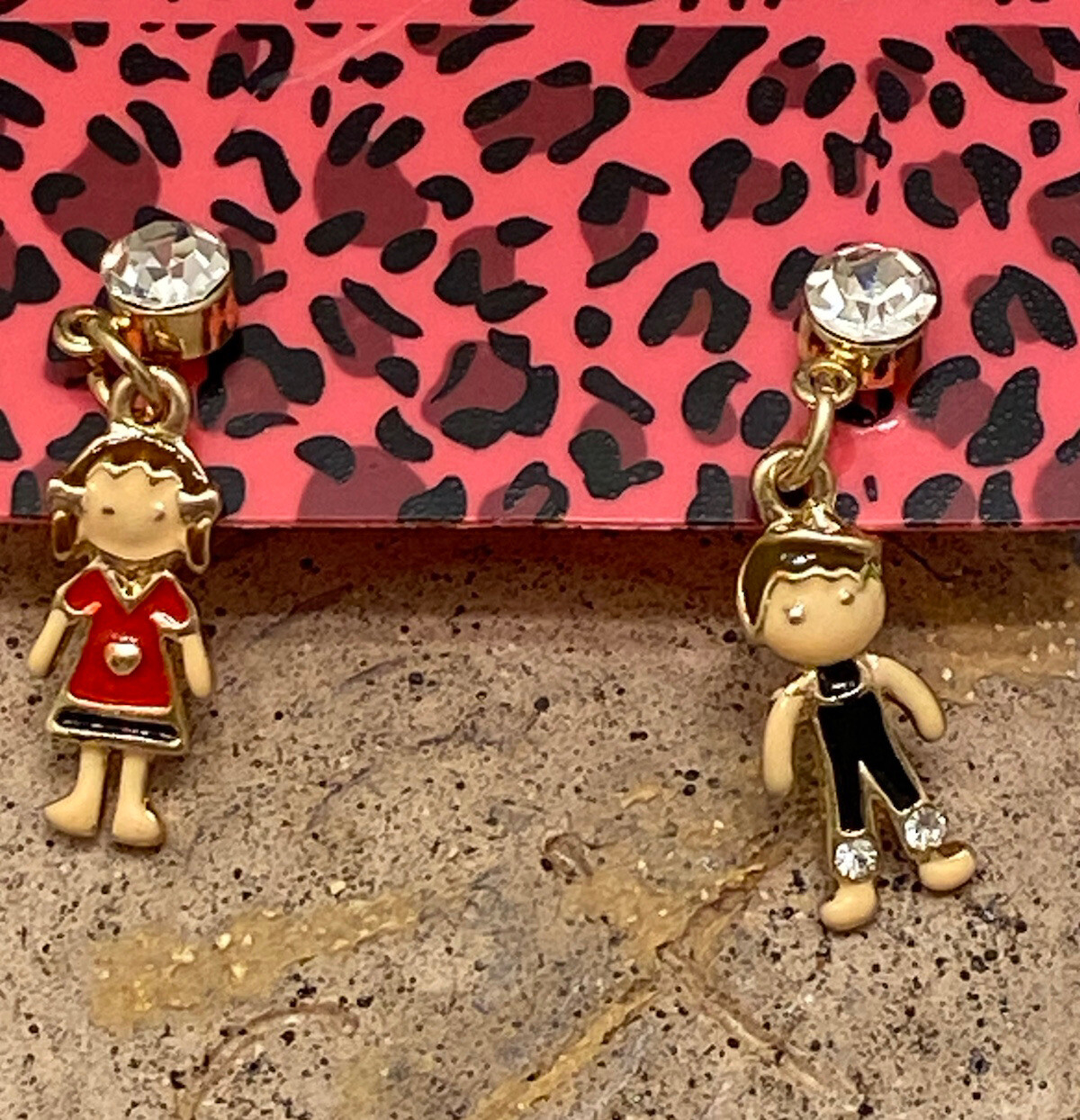 Betsey Johnson DARLING Red Blue Enamel Crystal Boy Girl Dangle Earrings NWT
