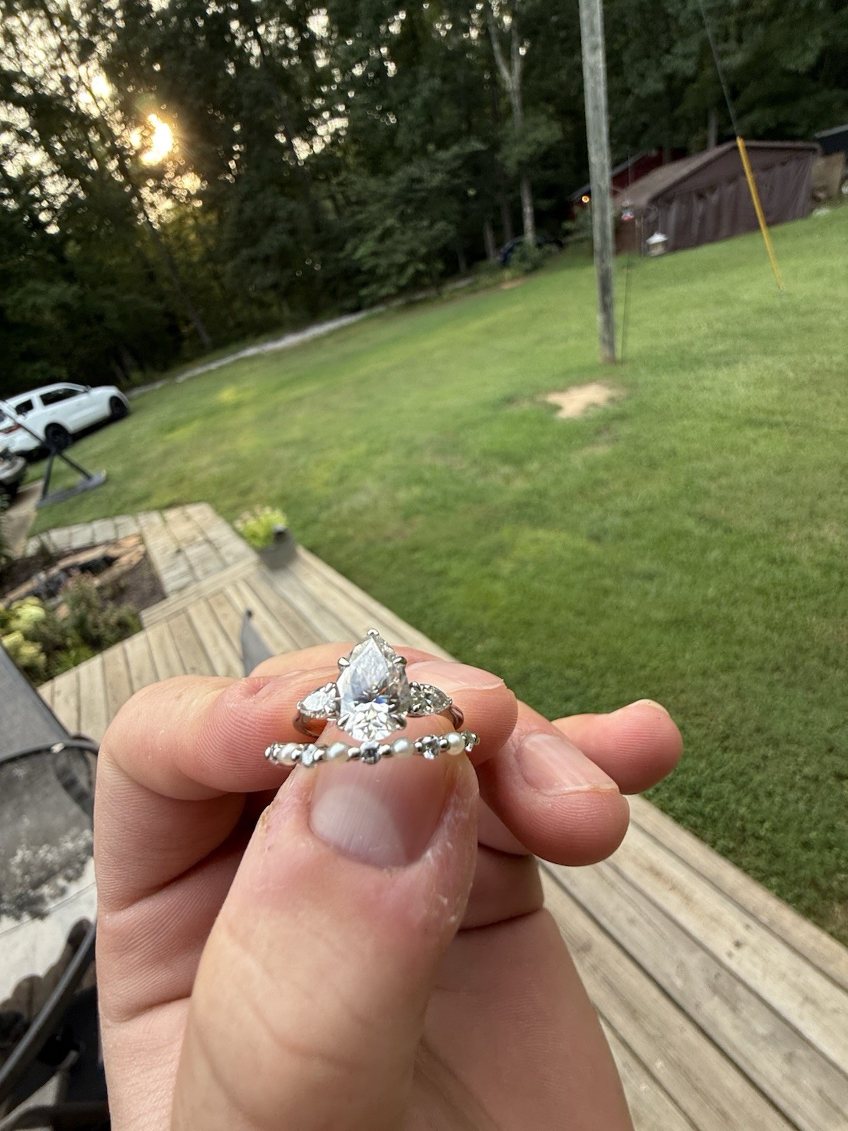 18K White Gold Round 3 Pear Moissanite Prong Set Engagement Ring Women Size 5.75