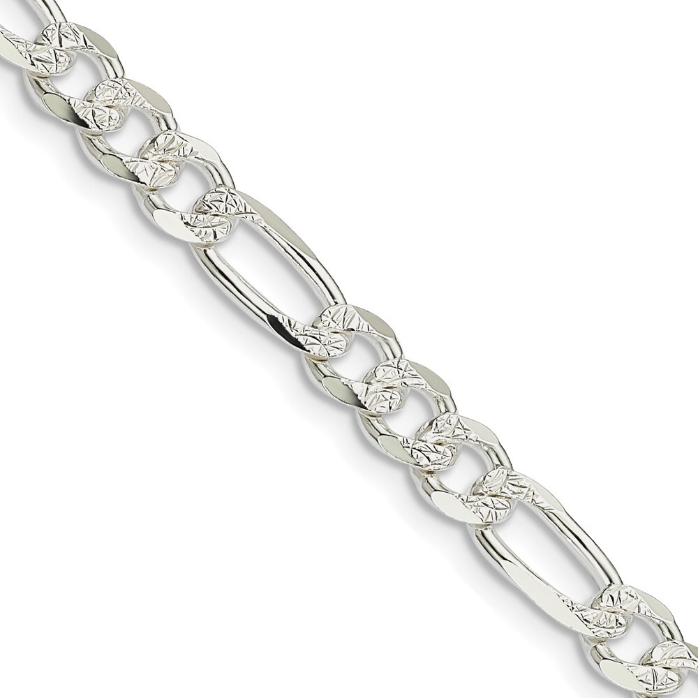 24″ Sterling Silver 5.5mm Pave Flat Figaro Chain Necklace