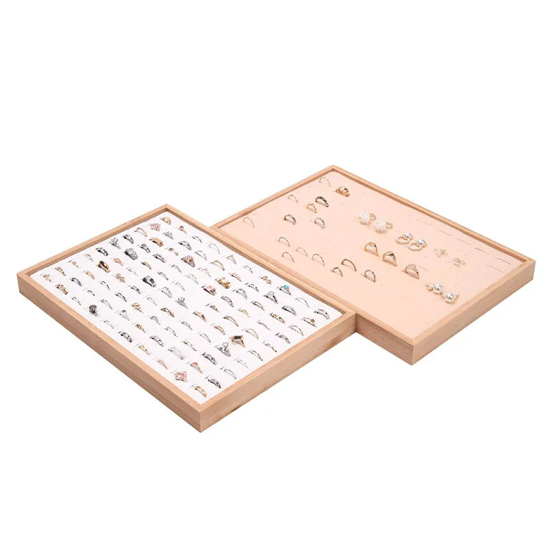 Bamboo 100 Grids Rings Tray Jewelry Showcase Storage Organizer Display Tray